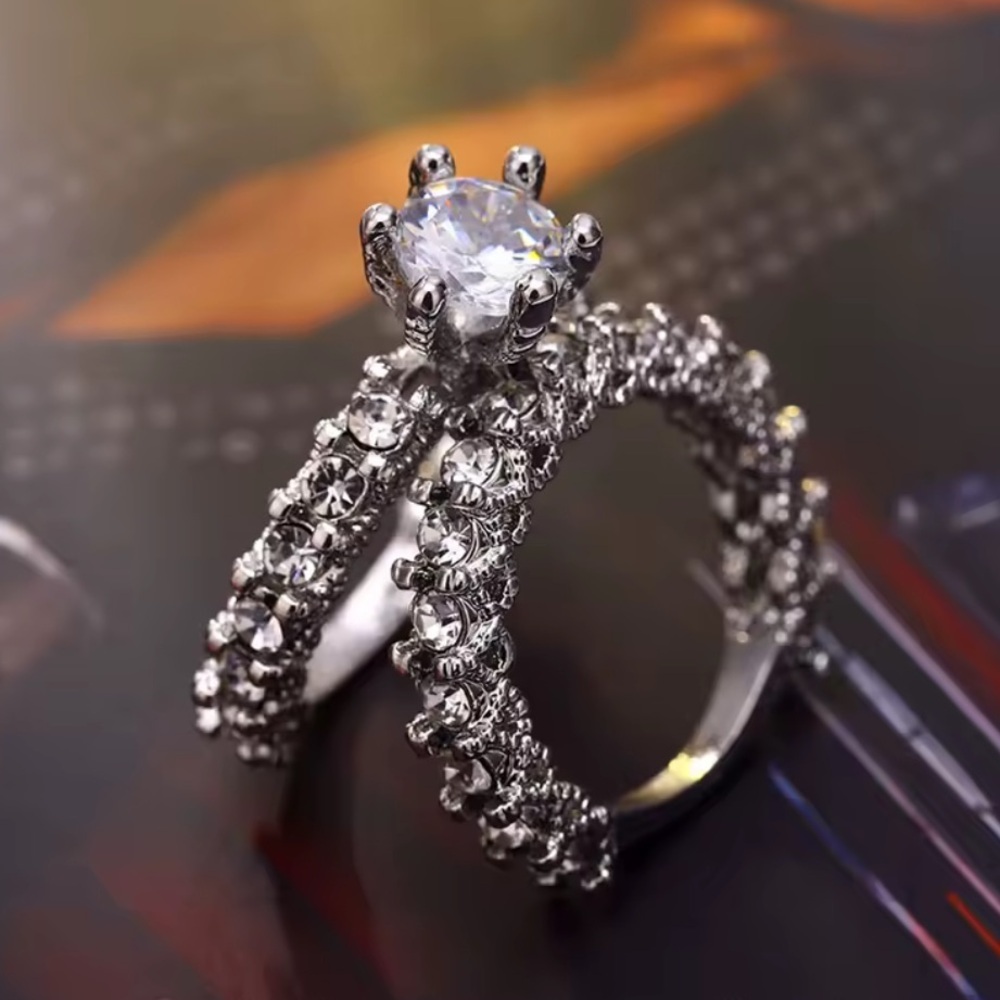 Silver Crystal Engagement Ring Set – Elegant Double Band Bridal 
Small size